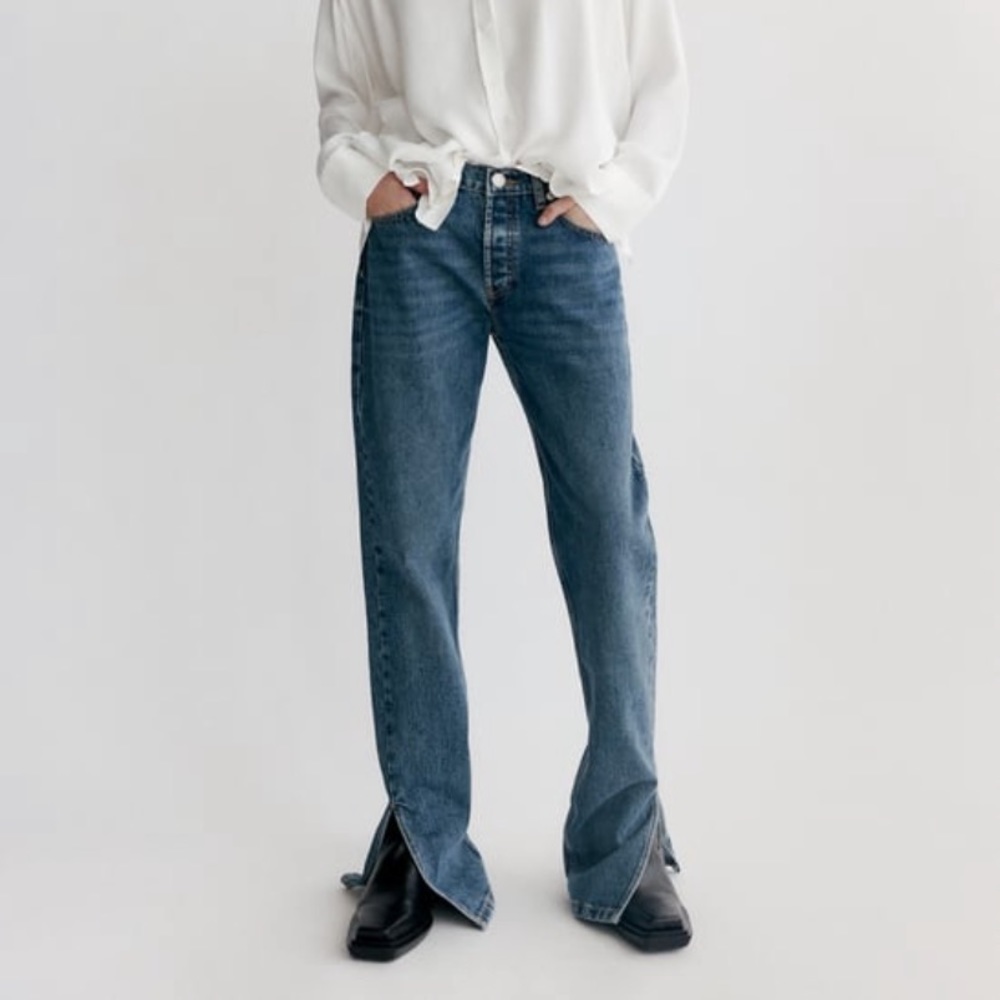 Zara mid rise full length split straight leg jean
